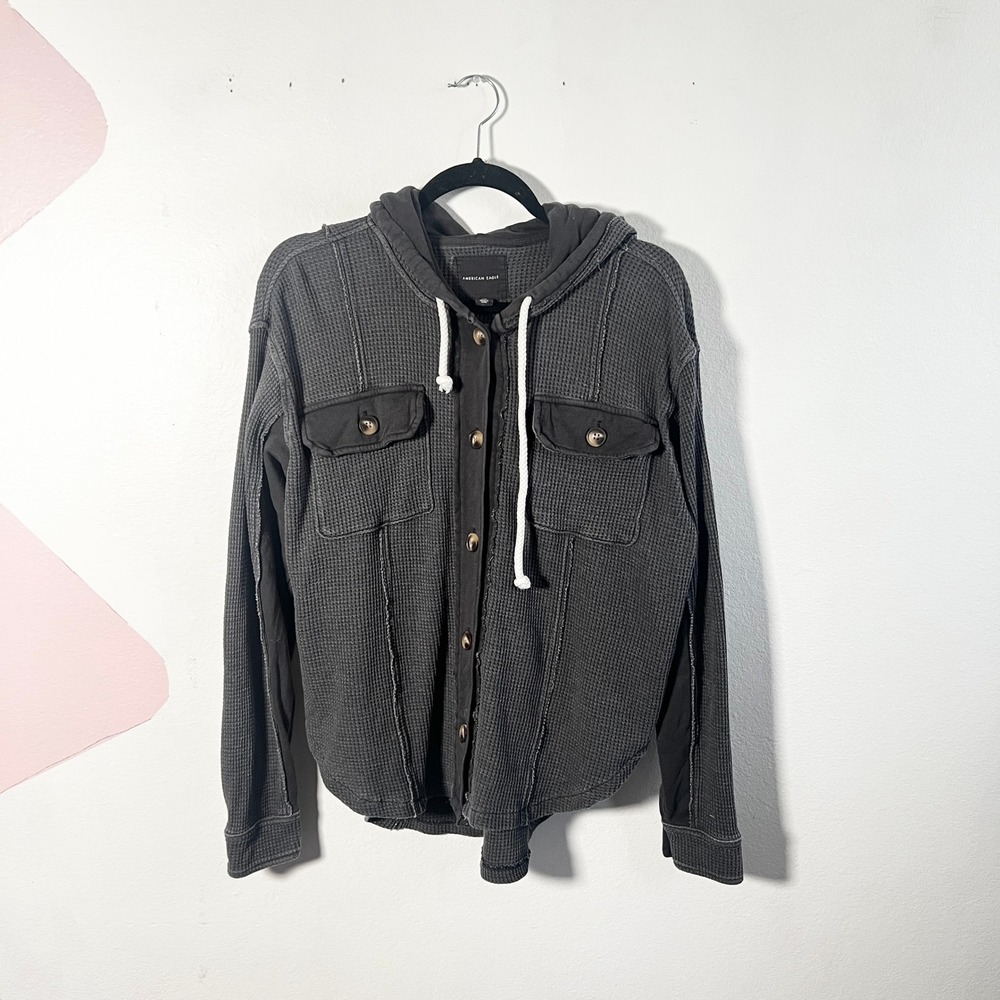 American Eagle Shacket Women's XS Gray Waffle Knit Thermal Button Down Hoodie‎